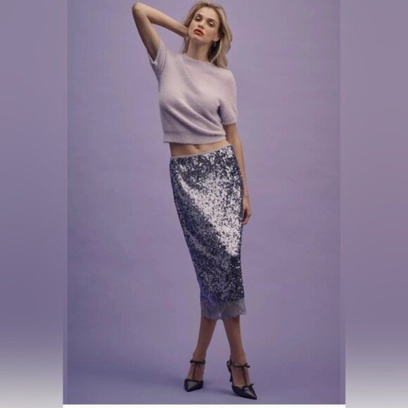 NWT Size XL - By Anthropologie Sequin Lace Midi Skirt - Picture 3 of 16